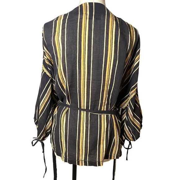 Teoh & Lea Womens Top Size Large Striped Embroidered Belted Gray Yellow Cotton - Picture 2 of 16